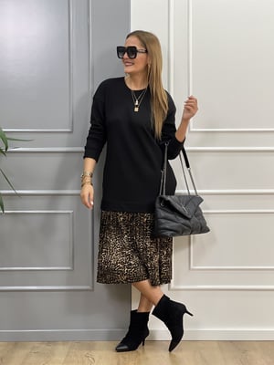Leopar Detaylı Siyah Sweat Elbise