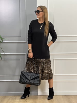 Leopar Detaylı Siyah Sweat Elbise