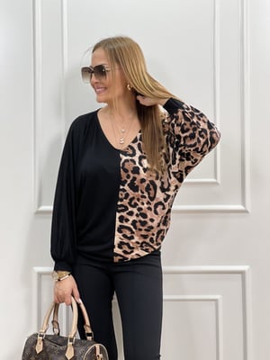 Leopar Siyah Düşük Kol Bluz