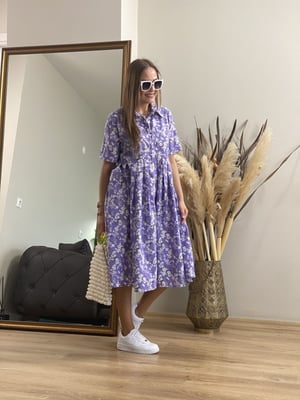 Lila Çiçekli Midi Boy Elbise