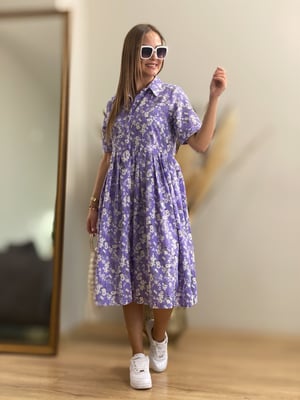 Lila Çiçekli Midi Boy Elbise