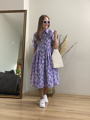 Lila Çiçekli Midi Boy Elbise