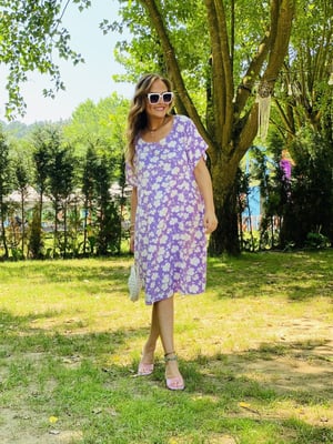 Lila Desenli Oversize Elbise