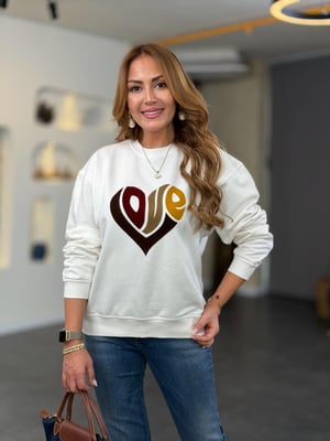 Love Baskılı Ekru Pamuk Sweatshirt