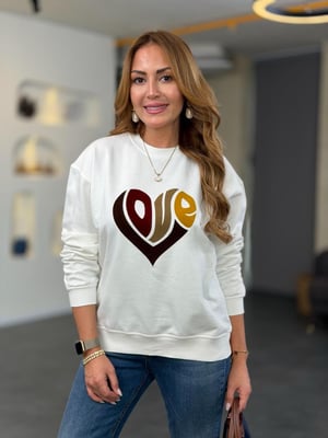 Love Baskılı Ekru Pamuk Sweatshirt