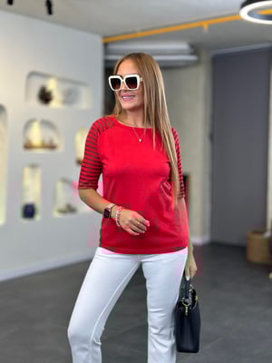 Makaron Kol Oversize Kırmızı Triko Bluz