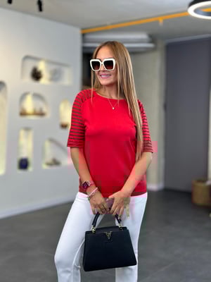 Makaron Kol Oversize Kırmızı Triko Bluz