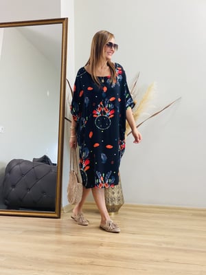Mandala Yaprak Siyah Turuncu Oversize Elbise
