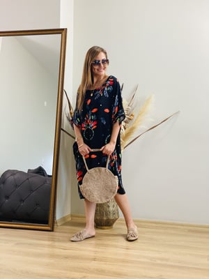 Mandala Yaprak Siyah Turuncu Oversize Elbise