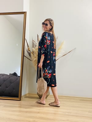 Mandala Yaprak Siyah Turuncu Oversize Elbise