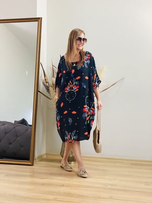 Mandala Yaprak Siyah Turuncu Oversize Elbise