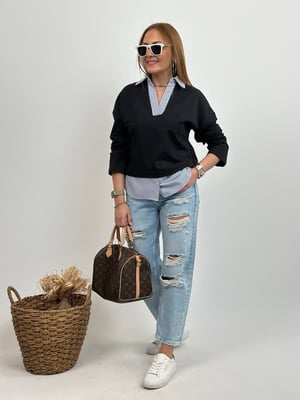 Mavi Beyaz Gömlekli Lacivert Sweatshirt