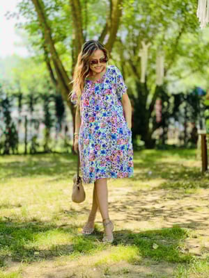 Mavi Çiçekli Keten Oversize Elbise