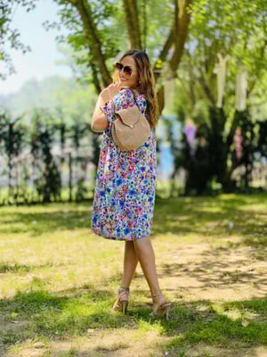 Mavi Çiçekli Keten Oversize Elbise