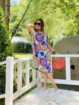 Mavi Etnik Desen Oversize Elbise