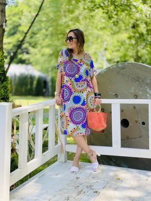 Mavi Etnik Desen Oversize Elbise