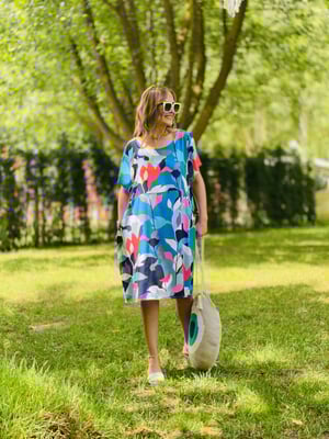 Mavi Karışık Desen Oversize Elbise