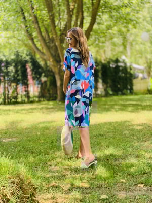 Mavi Karışık Desen Oversize Elbise
