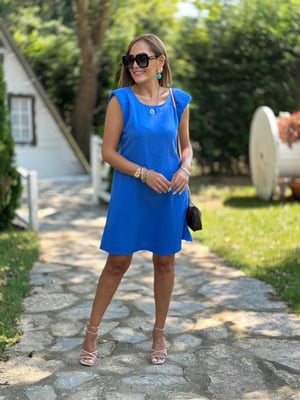Mavi Vatkalı Kuşaklı Keten Elbise