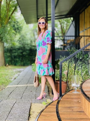 Mint Pembe Desen Volanlı Elbise