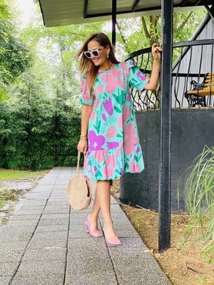 Mint Pembe Desen Volanlı Elbise