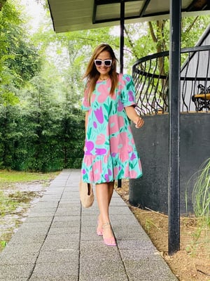 Mint Pembe Desen Volanlı Elbise