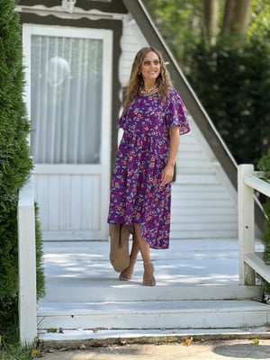 Mor Çiçek Desenli Midi Boy Oversize Elbise