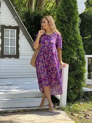 Mor Çiçek Desenli Midi Boy Oversize Elbise