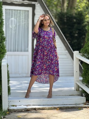 Mor Çiçek Desenli Midi Boy Oversize Elbise