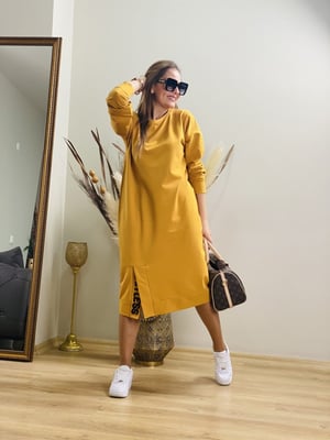 Nakış Detaylı Basic Hardal Elbise