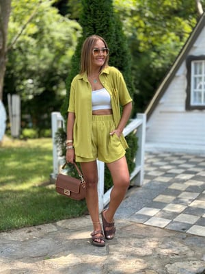 Olive Gofre Şortlu İkili Takım