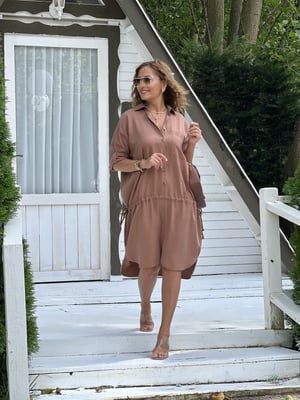 Ön Düğmeli Bağcıklı Taba Oversize Elbise