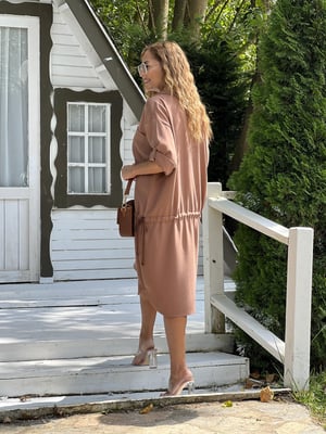 Ön Düğmeli Bağcıklı Taba Oversize Elbise