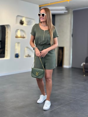Ön Fermuarlı Haki Şort Tulum
