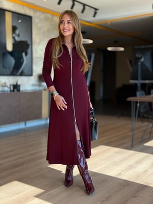 Önden Fermuarlı Yakalı Bordo Modal Elbise