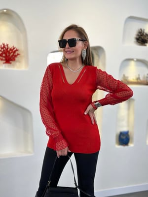 Organze Floklu Kol V Yaka Kırmızı Triko  Bluz