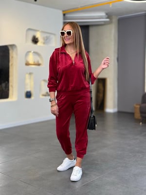 Orijinal Yarım Fermuarlı Bordo Kadife İkili Takım
