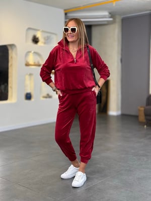 Orijinal Yarım Fermuarlı Bordo Kadife İkili Takım