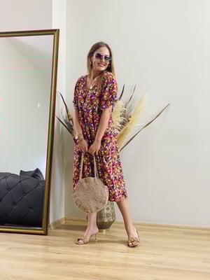 Oversize Çiçek Desenli Midi Boy Elbise