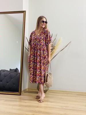 Oversize Çiçek Desenli Midi Boy Elbise