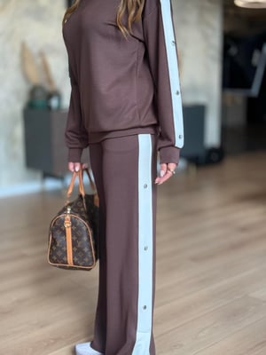 Paça Yırtmaçlı Beyaz Garnili Kahve İkili Takım