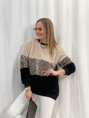 Peluş Leopar Detay Bej Sweatshirt