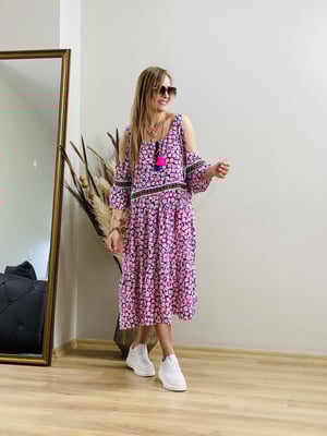 Pencere Kol Pembe Çiçekli Elbise