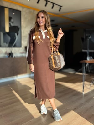 Polo Yaka Beyaz Garnili Kahve Modal Elbise