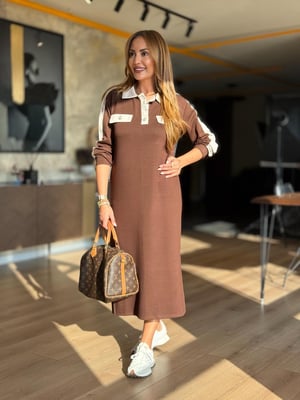 Polo Yaka Beyaz Garnili Kahve Modal Elbise