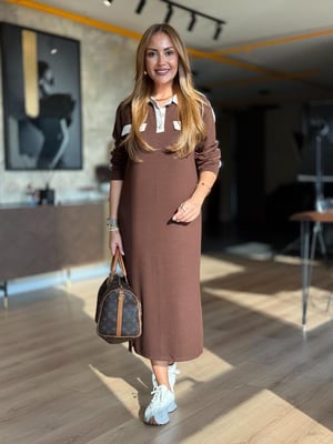 Polo Yaka Beyaz Garnili Kahve Modal Elbise