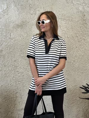 Polo Yaka Beyaz Siyah Çizgili Bluz
