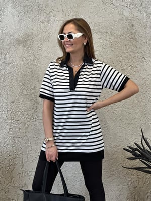 Polo Yaka Beyaz Siyah Çizgili Bluz