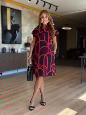 Polo Yaka Drape Kol Siyah Kırmızı U Desen Elbise