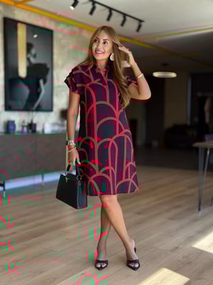 Polo Yaka Drape Kol Siyah Kırmızı U Desen Elbise